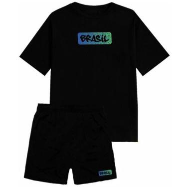 Imagem de Kit Conjunto Masculino Short Tactel + Camiseta 100% Algodão Brasil Adu