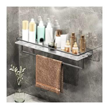 Imagem de KIZQYN Prateleira de banheiro Prateleiras de banheiro com suporte de toalha Prateleira de acrílico de banheiro com trilhos de aço inoxidável montado na parede, acabamento cinza escovado prateleiras de parede de banheiro (tamanho: L40cm)