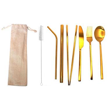 Imagem de Kit Talheres 8 em 1 Dourados e canudos Reutilizáveis em Aço Inox Can.u.do – Colher, Garfo, Faca, Hashi, Canudos + Ecobag de Juta