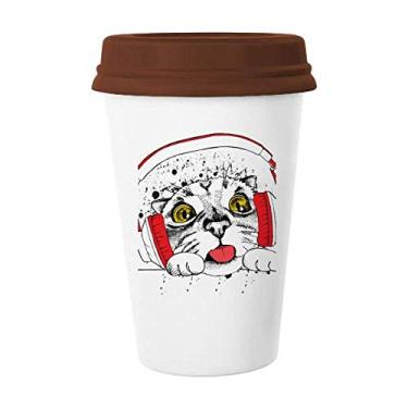 Imagem de Fone de ouvido vermelho branco proteção gato animal amante caneca café copo cerâmica copo tampa