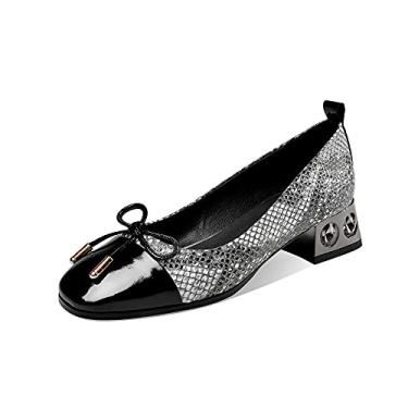 Imagem de TinaCus Mocassins femininos de couro genuíno bico redondo feito à mão com salto grosso, Preto, 35