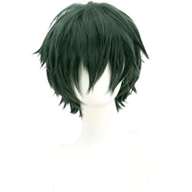 Imagem de Resistente ao calor Lindas perucas masculinas anime cosplay peruca curta reta verde escuro cabelo sintético perucas de festa de natal halloween para homens meninos Sintético