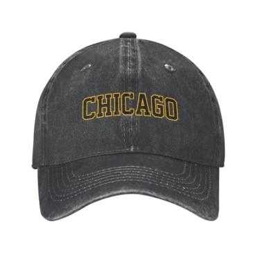 Imagem de Chicago chapéu clássico original vintage boné de beisebol estruturado lavado para mulheres boné caminhoneiro ajustável algodão preto, Preto, G