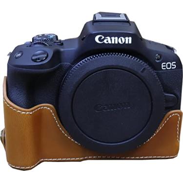 Imagem de Capa R50, capa BMAOLLONGB feita à mão de couro PU meia câmera versão abertura inferior para Canon Eos R50 com alça de mão (marrom)