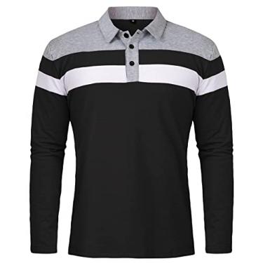 Imagem de NAVEKULL Camisa polo masculina manga longa algodão casual slim fit patchwork colarinho camisa, Preto, XXG