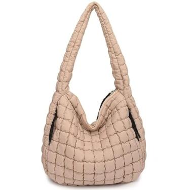 Imagem de Puffer Tote Bolsa feminina acolchoada tiracolo grande ombro inchado 2024 bolsa de praia de verão nuvem Hobo Bubble Gym plissado pad, Caqui, Bolsas Hobo