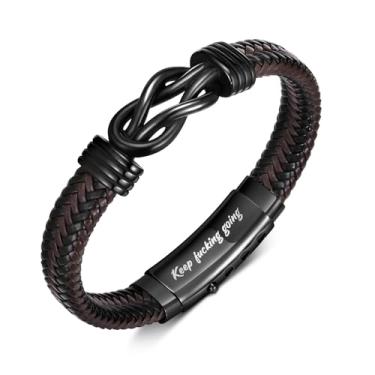 Imagem de VNOX Bracelete masculino de couro trançado feito à mão com mantra inspirador, ajustável, presente motivacional para homens, Keep fu**king going (dentro), Sem Pedra Preciosa