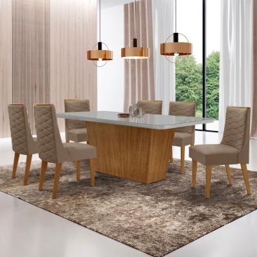 Imagem de Mesa para Sala de Jantar Aida 180cm MDF Canto Copo com Vidro e 6 Cadeiras Safira - Vel. Capuccino Off White Imbuia