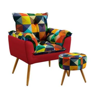 Imagem de Poltrona Opala com Puff Solar Sued Estampado Colorido com Vermelho Ara