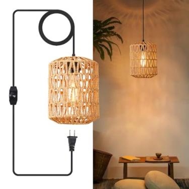 Imagem de YXTH Luminária pendente de plugue, luzes de vime para pendurar com cabo de plugue de 4,5 m, cabo regulável, abajur de vime tecido à mão, luminária de teto para pendurar boho para quarto de fazenda