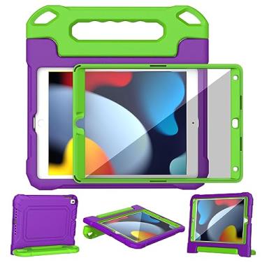 Imagem de YIHE Capa infantil para iPad 10,2 polegadas 9ª/8ª/7ª geração 2021/2020/2019, iPad Pro 10,5 e iPad Air 3, capa infantil com alça à prova de choque com protetor de tela para iPad 10,2/10,5 polegadas, roxo e verde