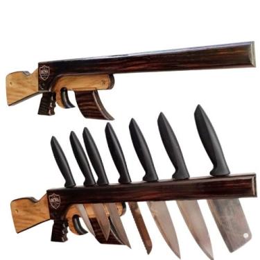 Imagem de Suporte de facas Cepo Modelo AK-47 de Parede em Madeira Maciça para Co