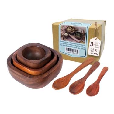 Imagem de Conjunto quadrado de madeira de acácia com 3 tigelas de servir, 9,5 cm, 6,3 cm, 6,3 cm, pequenas colheres de madeira, tamanho misto, pequeno prato empilhável para preparação de sal e pimenta mostarda Wasabi molho de molho de nozes, tigela de ninho de madeira