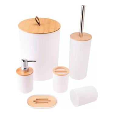 Imagem de Kit Banheiro 6 Pçs Lixeira Com Tampa Porta Sabonete Escova (Branco)