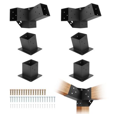 Imagem de GarveeHome Kit de pérgola de 6 peças, conjunto de suporte de pérgola inclinada de 3 vias de 15°, suporte de poste de madeira angular de 10 x 10 cm, ferragens para gazebo externo para vigas de madeira