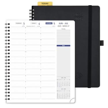 Imagem de POPRUN Agenda 2025-2026 Agenda Weekly Planner (19 cm x 21 cm) Livro de compromissos em espiral (julho de 2025 a junho de 2026) com programação trimestral, abas mensais, capa macia de couro, bolso