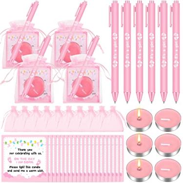 Imagem de Ctosree 50 conjuntos de lembrancinhas de chá de bebê para convidados, 50 peças de velas de luz de chá, 50 etiquetas de agradecimento, 50 peças, sacos de chiffon com cordão, 50 peças, caneta esferográfica retrátil com tinta preta para presente de aniversário, parafina
