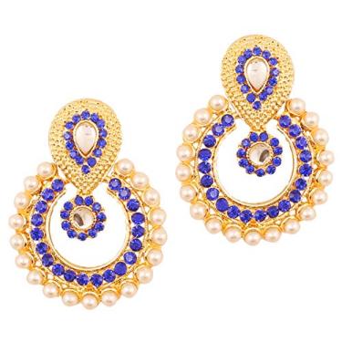 Imagem de Touchstone Brincos femininos de lustre com strass e estampa de bollywood indiano Chandbali Moon Kundan com strass e design de noiva Azul