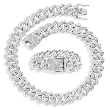 Imagem de EMESLY Corrente de elos cubanos Miami sólidos de ouro/prata (40, 46, 50, 56, 61, 76 cm); pulseira hip hop (comprimento de 20 cm) para homens e mulheres; joia perfeita para presente brilhante, 20.0