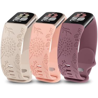 Imagem de Minyee Pacote com 3 pulseiras florais gravadas compatíveis com Fitbit Charge 6 Bands/Fitbit Charge 5 pulseiras femininas, linda e macia de silicone dente-de-leão padrão de flor esportiva designer esportiva alça de verão chique para Charge 6/5 (Starlight & Pink & Violet Smoke, apenas para Charge 6/Ch