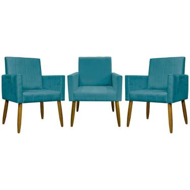 Imagem de Kit 3 Poltronas Decorativas Confortáveis Mari - Azul-turquesa Suede
