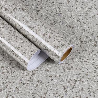Imagem de EaseStick Papel de contato de bancada de granito cinza claro à prova d'água brilhante mármore para contato bancadas para cozinha removível moderno cinza terraço vinil envoltório para mesa de mesa 39,9