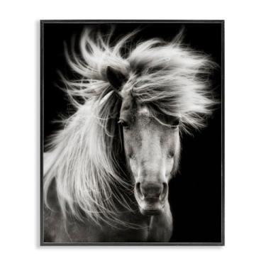 Imagem de Stupell Industries Cavalo de crina soprado pelo vento em preto preto emoldurado Giclee Art Design por PHBurchett, 11 x 14