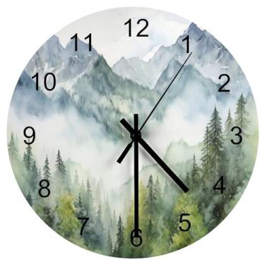 Imagem de LOMADIA Relógio de parede floresta, silencioso, sem tique-taque, de madeira, estilo aquarela, natureza, floresta, verde, montanha, planta, planta, relógio de parede, operado por bateria, cozinha