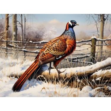 Imagem de TUTUMAY21 Faisão Stand on Snow Field DIY 5D Diamond Art Painting by Number Kits para adultos pintura com broca completa redonda diamante gemas pintura arte artesanato para decoração de parede de casa