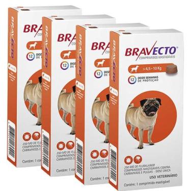 Imagem de Bravecto Cães 4,5 A 10kg 250mg Antipulgas - Kit com 4 Unidades - Envio