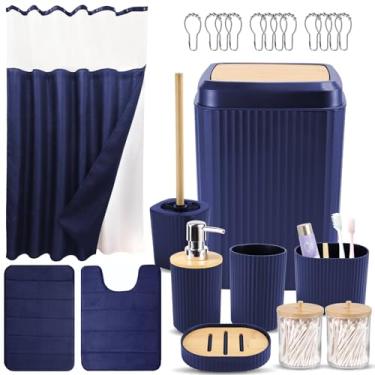 Imagem de BSSN Conjunto De 23 Acessórios Para Banheiro Azul-Marinho - Cortina Chuveiro Waffle Com Forro, Tapete Banho Antiderrapante Veludo, Lixeira, Escova Vaso Sanitário, Dispensador Sabão, Suporte Dentes,