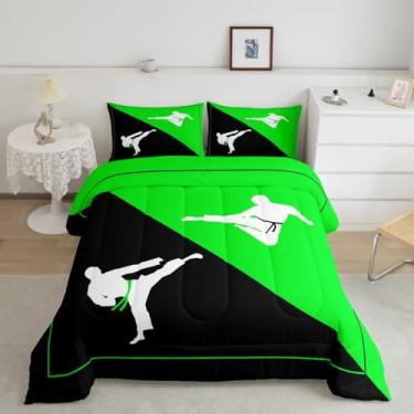 Imagem de Homewish Conjunto de edredom para meninos Taekwondo, solteiro, preto, verde, branco, decoração para todas as estações, edredom de kungfu para adolescentes, conjunto de colcha para crianças, 2 peças