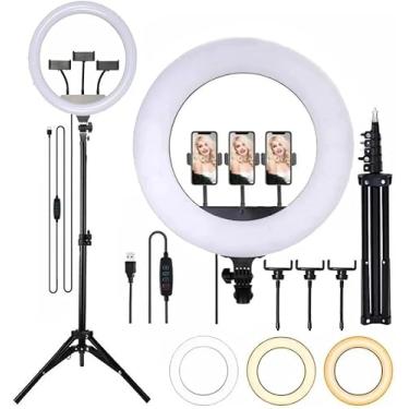 Imagem de Ring Light LED 14 Polegadas com Tripé, 3 Suportes para Celular, 3 Cores de Iluminação, Controle USB