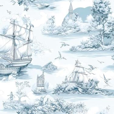Imagem de ReWallpaper Papel de parede náutico vintage de 44,5 cm x 7 m, papel de parede náutico vintage azul e branco com farol de barco à vela papel de parede autoadesivo para sala de estar lavanderia