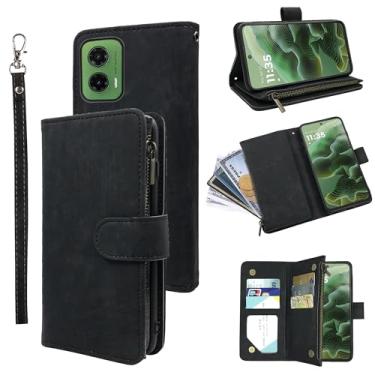 Imagem de Dibosom Capa carteira para Motorola Moto G35 com cordão de pulso e couro vintage premium flip porta-cartão de crédito acessórios capa de celular para mulheres homens preto