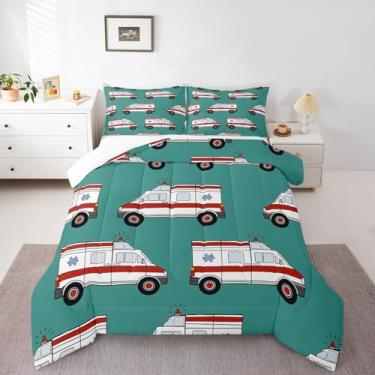 Imagem de Feelyou Conjunto De Cama Ambulância Para Crianças, Edredom Carro Meninos E Meninas, Decoração Desenho Animado, Microfibra, Veículo Emergência, Verde, Colcha Quarto Com 1 Fronha