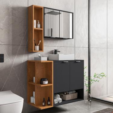 Imagem de Conjunto para Banheiro com Cuba 4 Portas Ibiza Bechara - Preto Fosco/Naturale