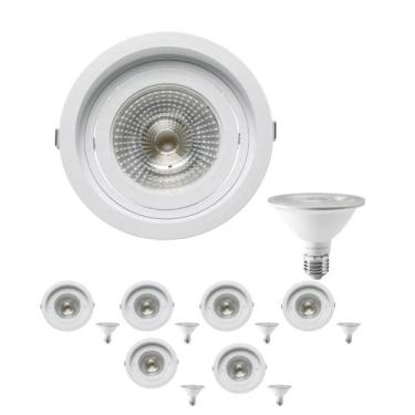 Imagem de 7 Spot Embutir Redondo Recuo PAR30 + 1 Lâmpada LED 10W 3000K E27 - SAV