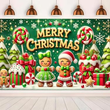 Imagem de BlissYard Faixa de Feliz Natal Homem Pão de Gengibre Bengala Doce Fundo Verde Decorações de Feriado 71 x 43 Polegadas para Interior Exterior Festa de Natal Decoração de Casa Cenários de Celebração