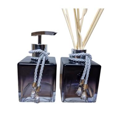 Imagem de Kit Lavabo Vidro Degradê Preto 250Ml com Difusor, Saboneteira, Aromatizador e Dispenser Porta Sabonete Líquido Organizador Para Banheiro - Luiggi Presentes® (Preto e Prata)