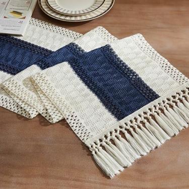 Imagem de ZeeMart Caminho de mesa com costura bicolor estilo macramê, 35 x 234 cm, azul marfim, caminhos de mesa boho azul-marinho 227 cm de comprimento, decoração de casa de fazenda