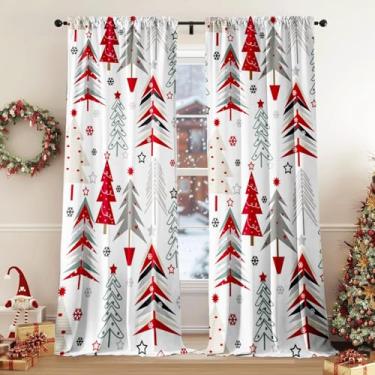 Imagem de Cortinas de Natal para sala de estar, árvore de Natal, estrelas vermelhas, floco de neve, ano novo, inverno, 213 cm, conjunto de 2 painéis, cortina de casa de fazenda, cortinas de janela de Natal, 104
