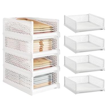 Imagem de Wanheart Caixas de gaveta empilháveis de material PP para armazenamento de guarda-roupa – Armazenamento de guarda-roupa dobrável, adequado para quartos – Conjunto branco de 4 peças (modelo pequeno