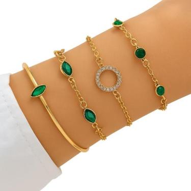 Imagem de Conjunto 4 Pulseiras Femininas Dourada Bracelete Joias Verde Esmeralda