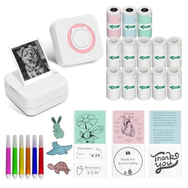 Imagem de Impressora de adesivos – Mini impressora portátil com 13 rolos de papel adesivo, máquina térmica Bluetooth para presente de aniversário de estudantes, crianças, compatível com iPhone/Android, rosa