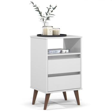 Imagem de Mesa de Cabeceira Pés Retrô 2 Gavetas 43cm Roma Branco - EJ Móveis