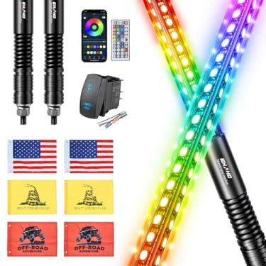 Imagem de Ehaho Pacote com 2 luzes LED de 3 pés com base de mola, luzes de chicote com detecção de velocidade, luz de chicote iluminada RGB de três lados com interruptor basculante, aplicativo e controle remoto