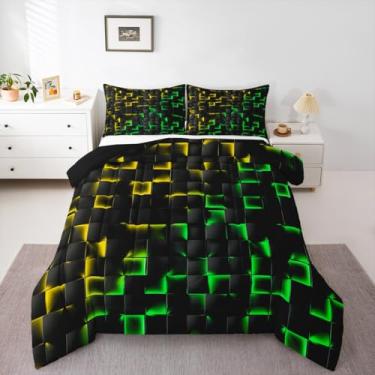 Imagem de Erosebridal Conjunto de edredom geométrico quadriculado, solteiro, amarelo neon, verde, para decoração de quarto de jogadores, abstrato, ombré, xadrez, geométrico, quadriculado, edredom preto