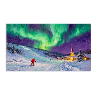 Imagem de SDYJ6GSW Arte de parede de Natal Festiva Impressões de arte de férias Visão noturna de estação de esqui com aurora verde Tela de Natal Decoração de parede de casa para sala de estar quarto escritório