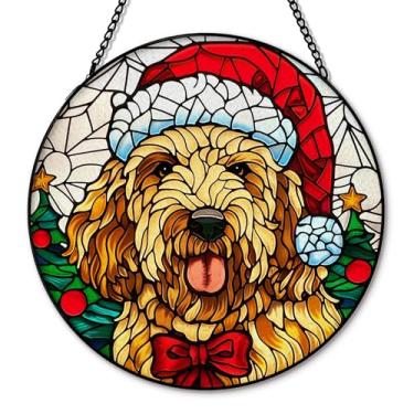 Imagem de Hxlac Poodle Christmas Dog Suncatcher vitral para janela de jardim, presentes de poodle, apanhadores de sol, decoração de parede redonda, decoração de parede de Natal, decoração de parede, 19,8 x 19,8